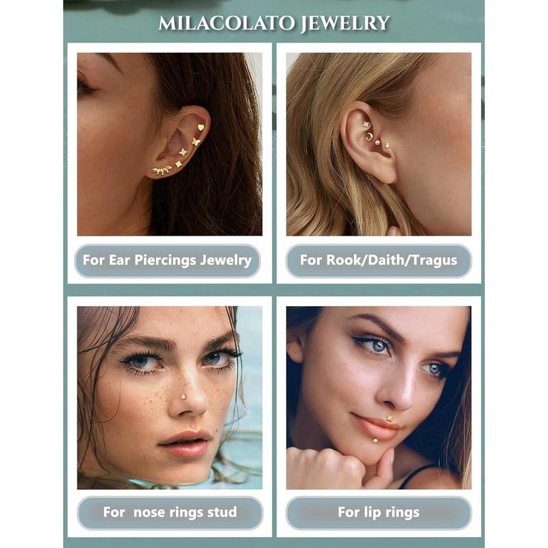 MILACOLATO 20G/16G Threadless Flat Back Earrings for Women 316L Surgical Steel Push in CZ Cartilage Stud Earrings Hypoallergenic Nose Rings Studs Conch Tragus Body Piercing Jewelry 6mm 7mm 8mm Length