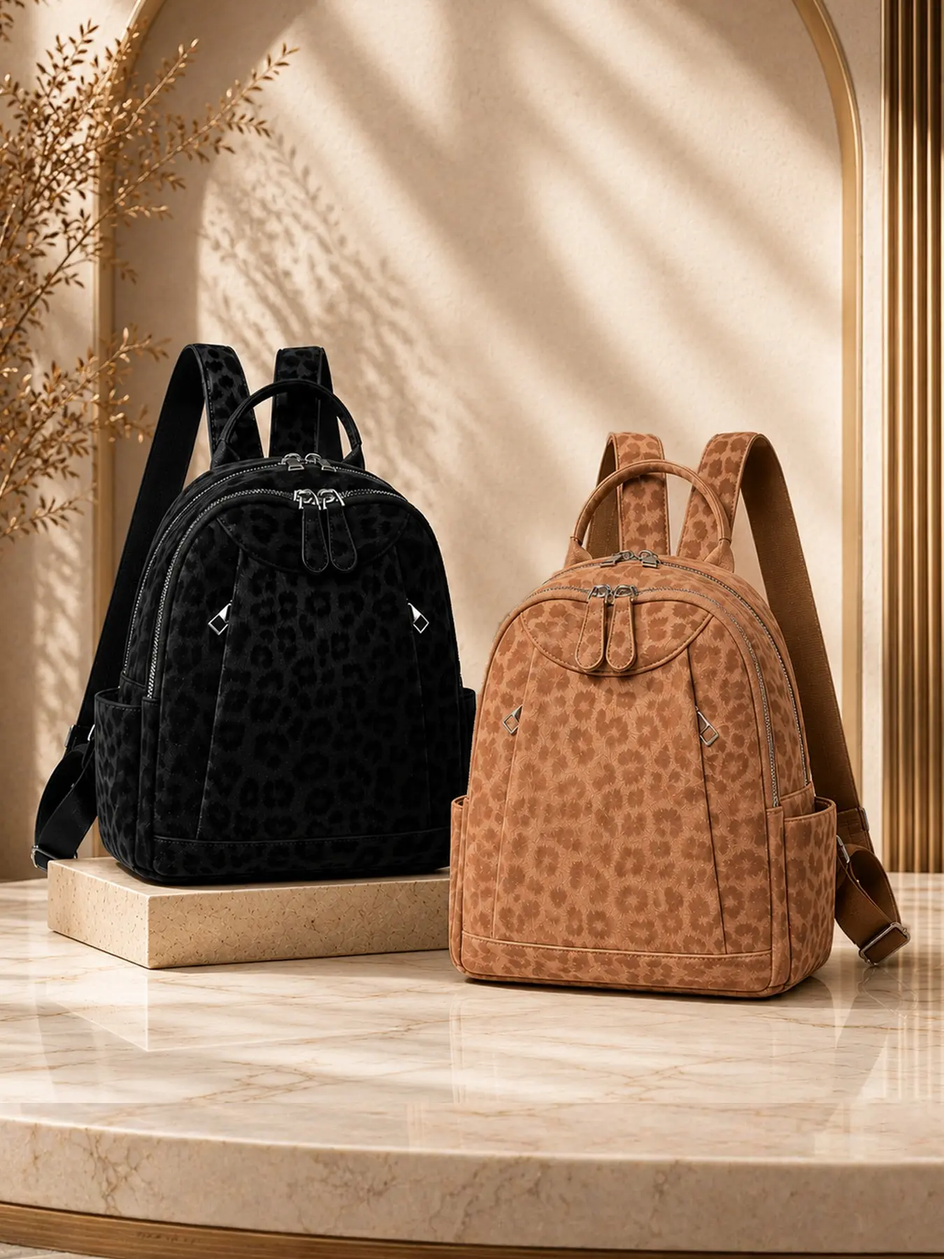 Women's Leopard Print Casual Backpack – Stylish Suede-Look Mini Rucksack, Trendy Small Daypack for School, Shopping & Everyday Use