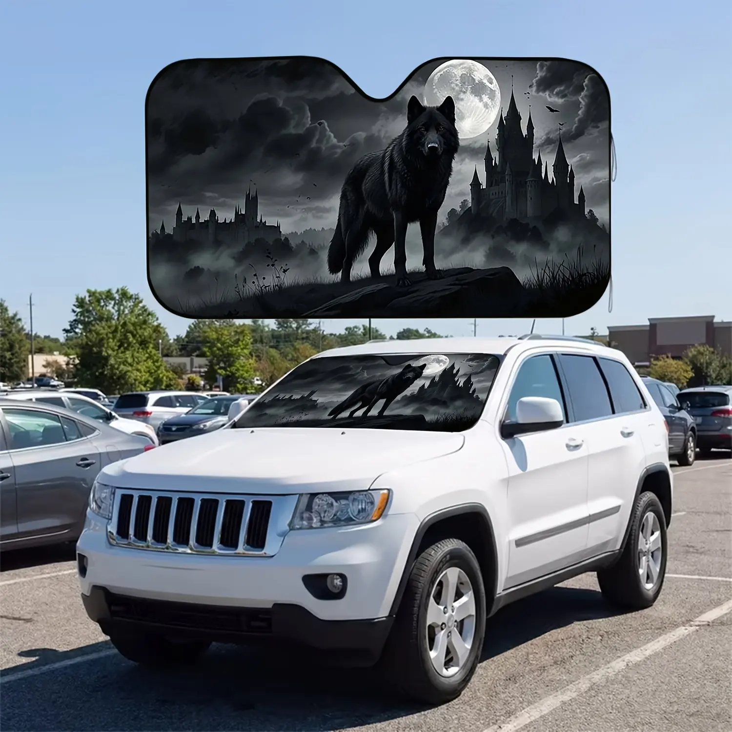 1pc Dark Moonlit Castle Black Wolf Gothic Style 2D Flat Printed Pattern Car Sunshade Visor, UV Protection, Fashionable Design, Easy Installation, Foldable for Convenient Storage, Keeping Your Vehicle Cool, Perfect for Cars, Suvs, And Trucks