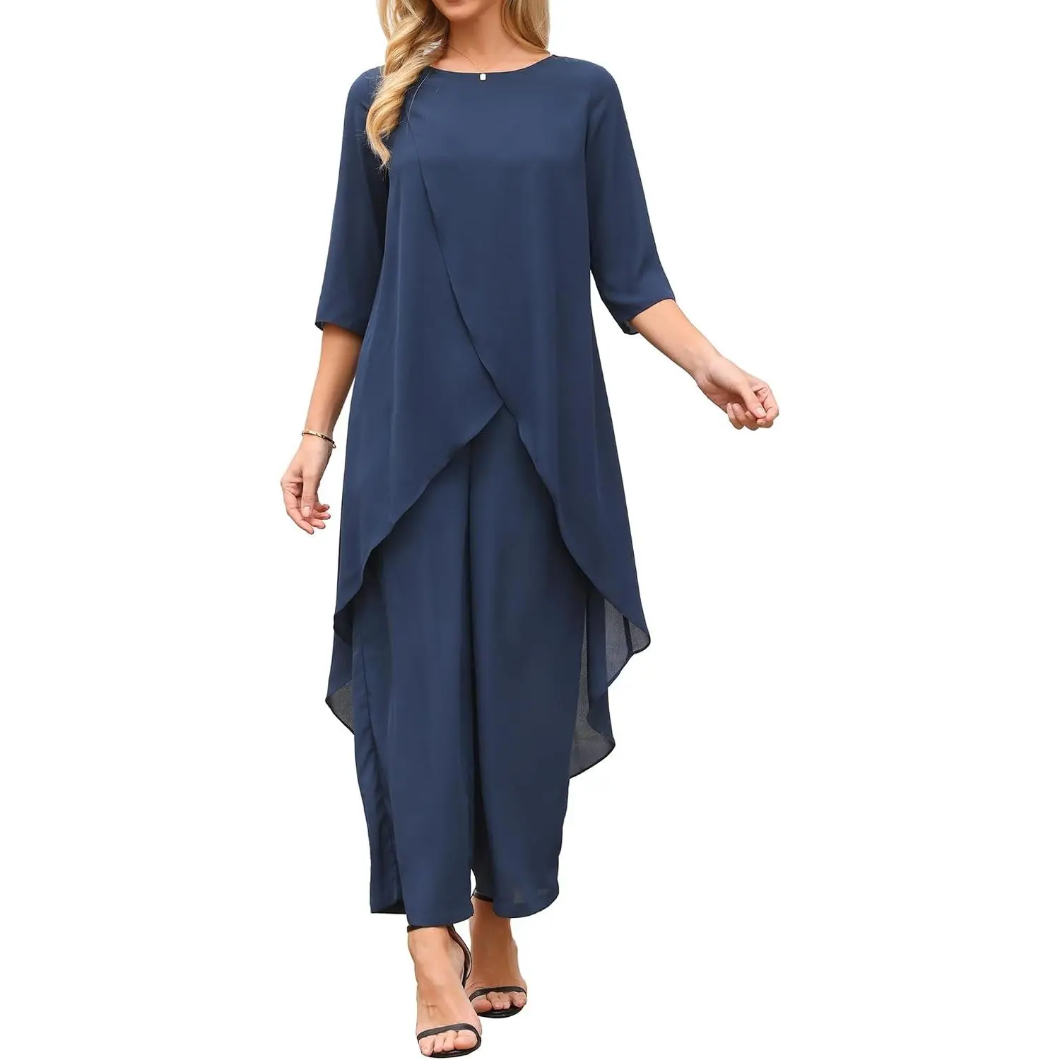 Women's 2 Piece Chiffon Sets Summer Dressy Pantsuits High Low Top Pants Set Formal Wedding Guest Outfit