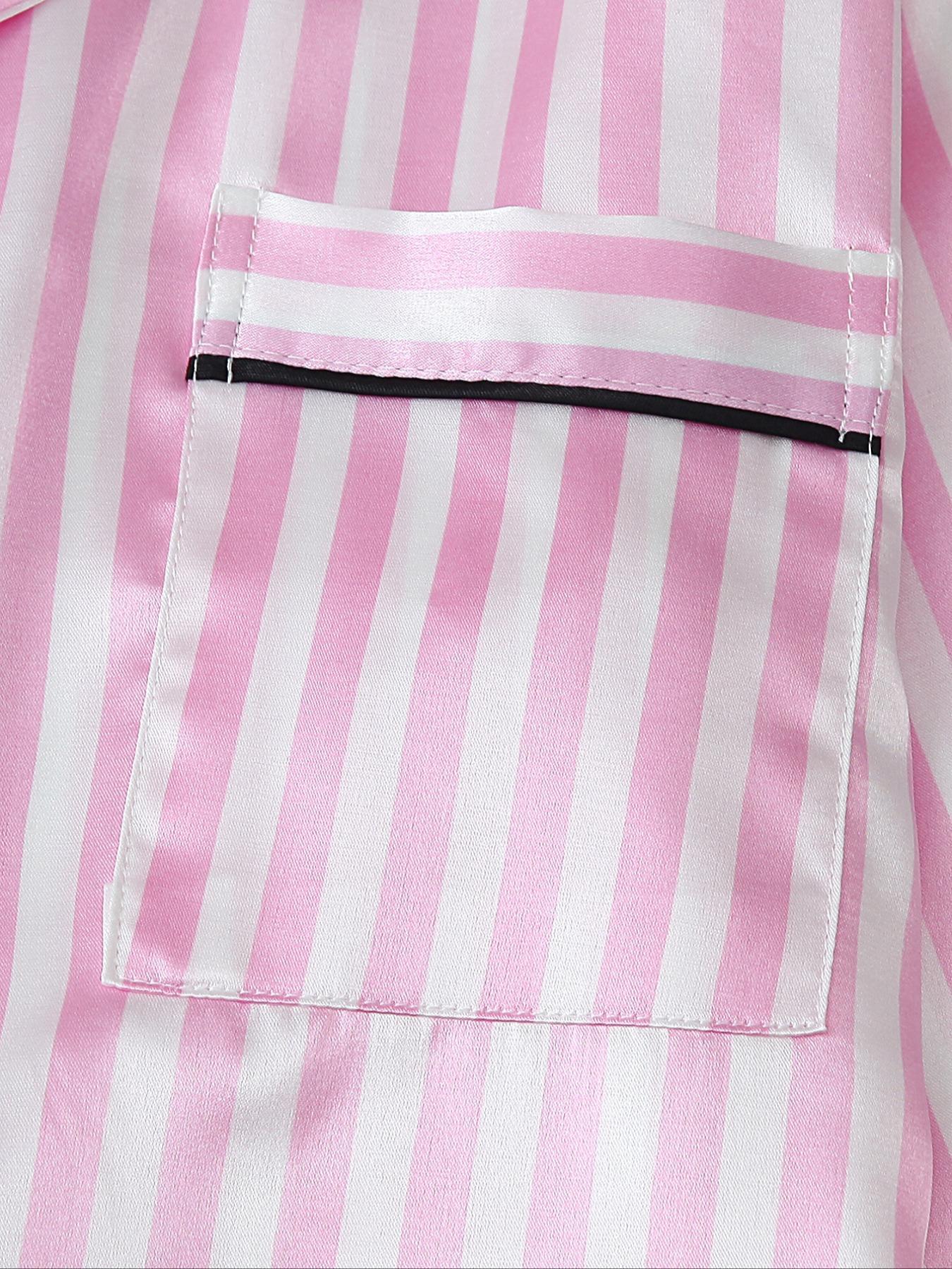 Two-Piece Set Women's Striped Print Lapel Neck Pocket Shirt & Bow Decor Pants Satin Pyjama, Long Sleeve Button Up Top & Trousers PJ Set, Women's Sleepwear for Spring & Fall