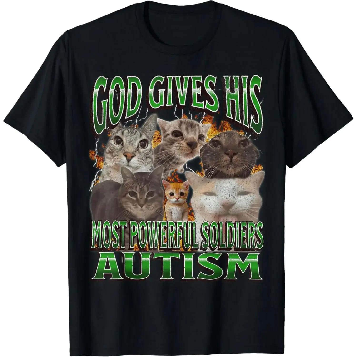 100% Cotton Unisex God Gives His Most Powerful Autism Funny Cat Meme Bootleg T-Shirt,belle...