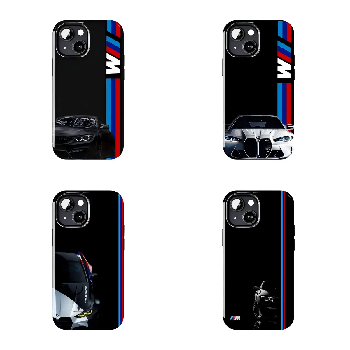 4 Styles Vertical M Tri Color Stripe BMW M Competition Coupe Front Shot Print Phone Case, Anti-Scratch TPU Cover, Minimal Dark Racing Automotive Phone Shell for All iPhone Models