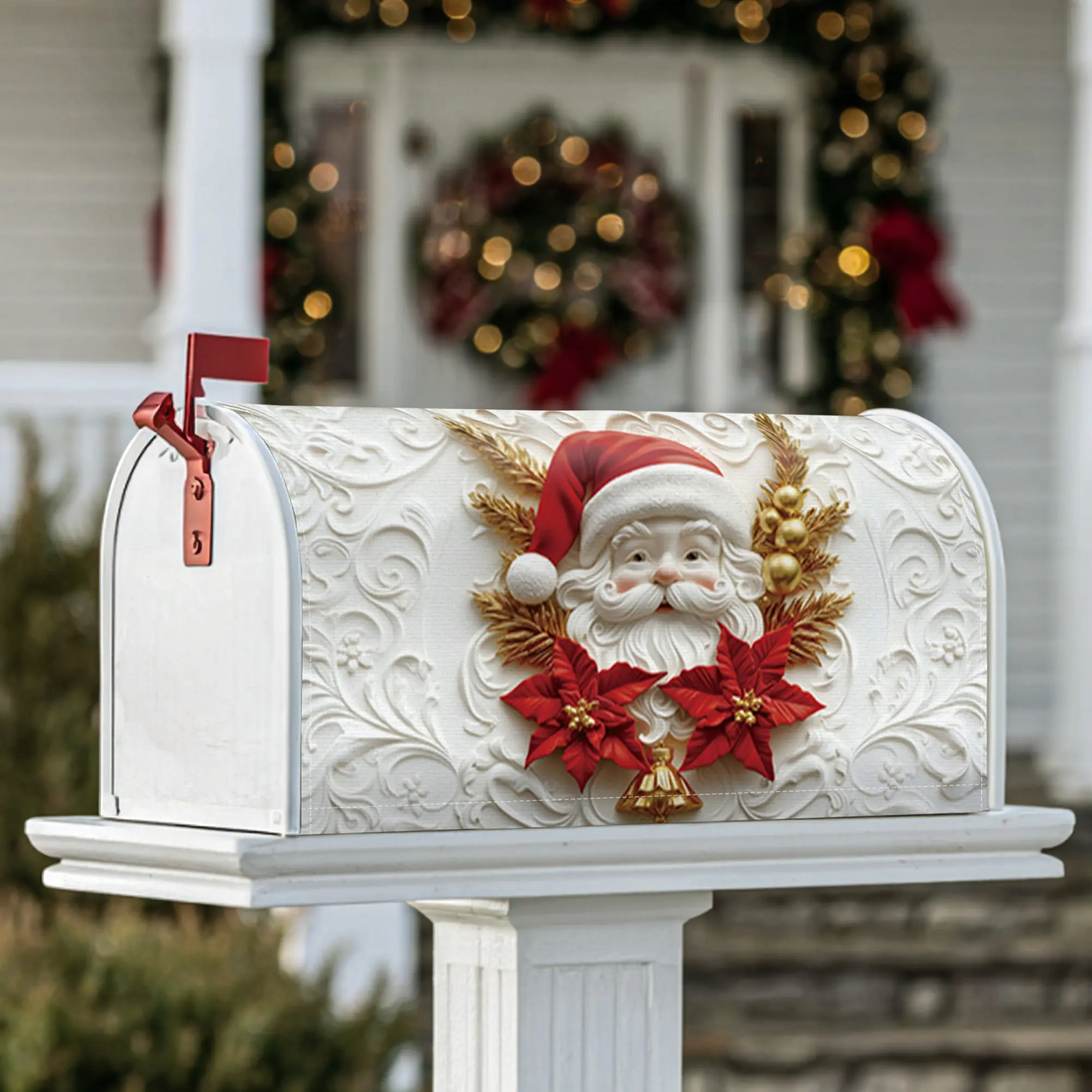 Santa Magnetic Mailbox Covers, Christmas festive poinsettia bell Christmas red Mailbox Wraps for Garden Yard Decor