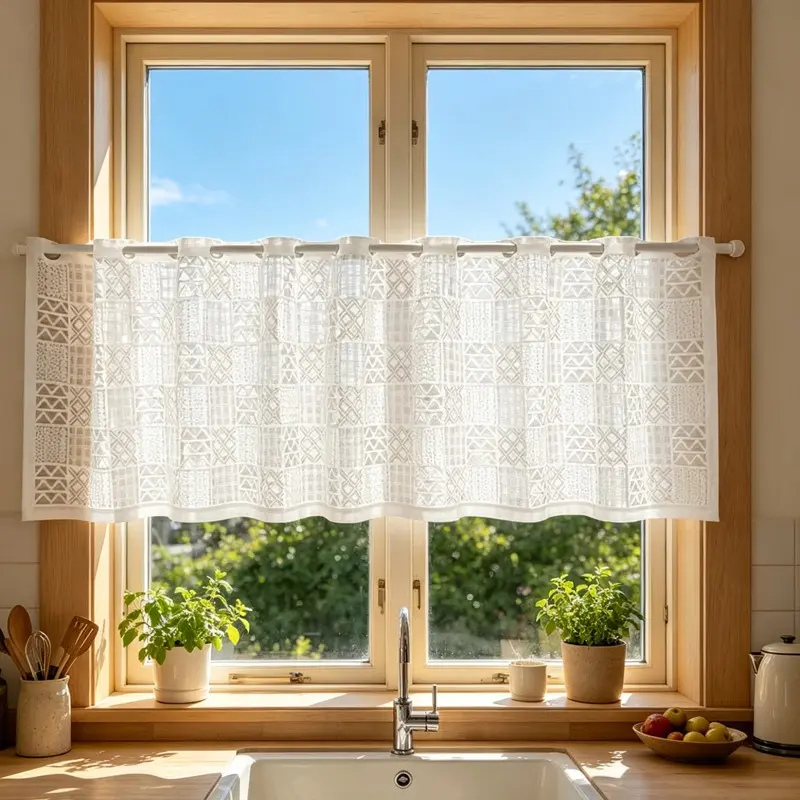 Japanese Geometric Embroidered Curtain, Bohemian Style Floor-To-Ceiling Curtain, Semi-Transparent Decorative Curtain for Small Windows