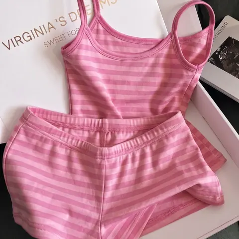 Women's Pink Striped Ribbed Stretchy 2-Piece Set, Scoop-Neck Cami Top with Spaghetti Straps and Matching High-Waisted Stretch Shorts, Y2K Summer Loungewear for Beach Vacations and Casual Wear