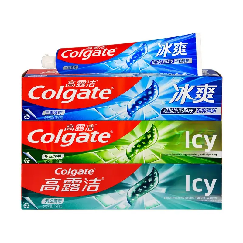 Colgate Toothpaste (180g Large Size) – Icy Triple Mint & Longjing Tea Scent; Fluoride-enriched for effective cleaning and fresh breath.