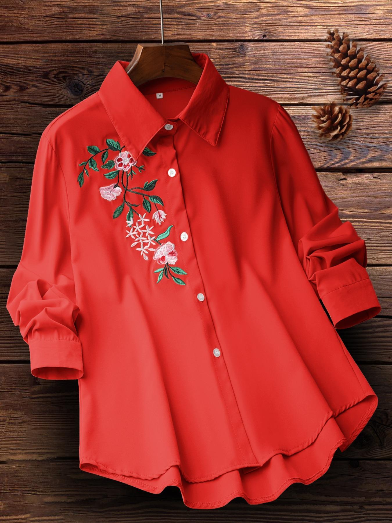Women's Floral Embroidery Plicated Button Front Shirt, Fashion Casual Long Sleeve Collared Top for Daily Outdoor Wear, Ladies Clothes for Spring, Womenswear
