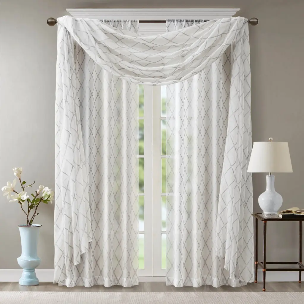 ARCH Diamond Sheer Embroidered Window Scarf Valance Curtain Drapery Topper for Living Room Bedroom Kitchen, Elegant Sheer Fabric Window Treatment with Diamond Pattern Embroidery, 1 Panel, 60 x 216 Inches, White, Home Furniture and Household Product