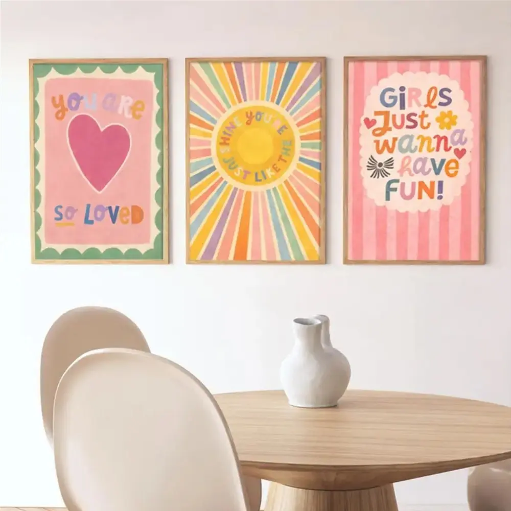 3 Pieces Trendy Pink Hippie Style Art Prints, Bedroom Aesthetic Wall Mural, Multicolored Home Art, Trendy Gallery Decor, Pink Tone Poster, Wall Decor for Girls Room, Vanity Room and Apartment, Framed or Unframed.