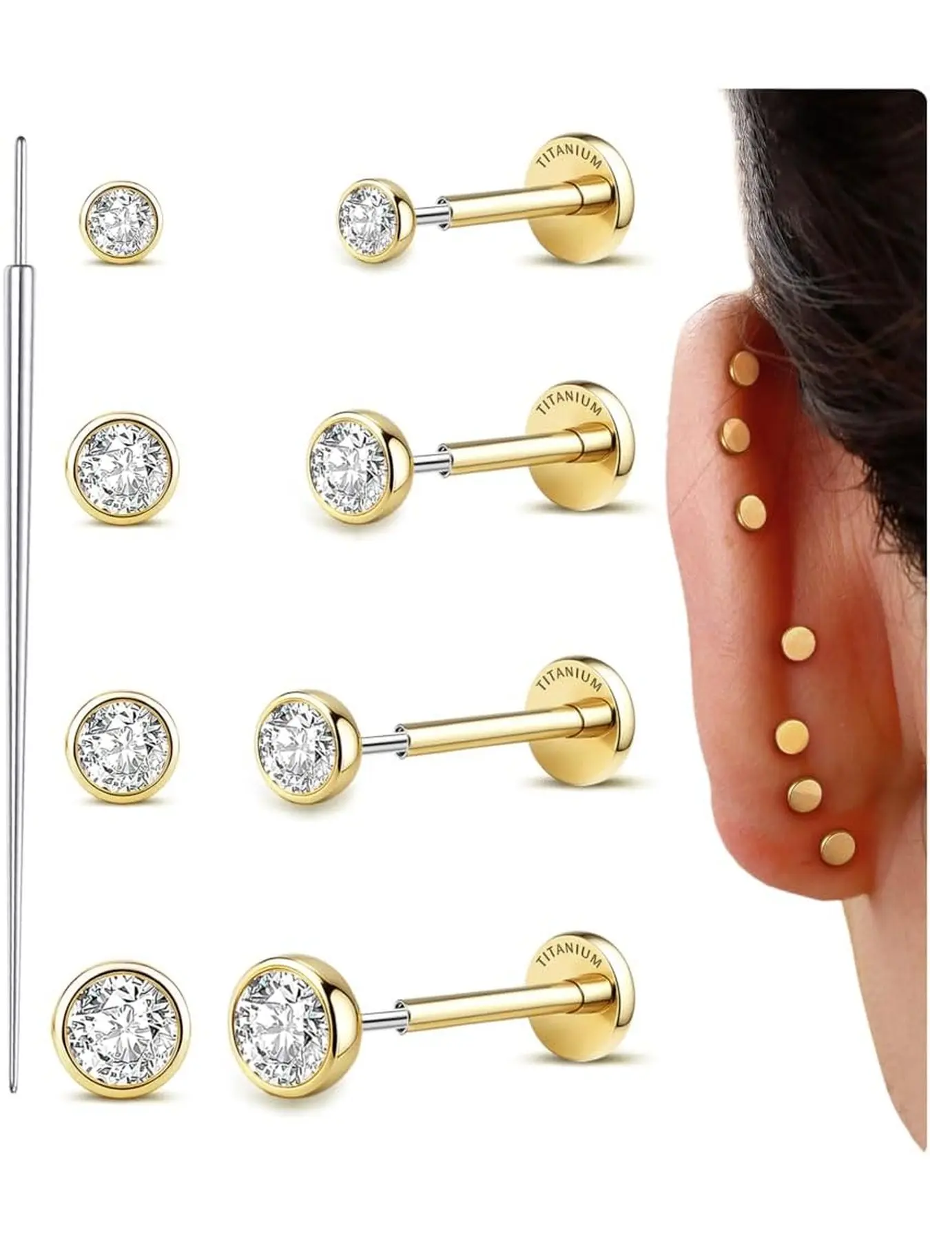 G23 Implant Grade Titanium Flat Back Earrings 16G/18G/20G 4 Pairs Astm F136 Hypoallergenic Bezel Flatback Earring Studs Threadless for Nose Piercings, Helix, Tragus, Conch Piercing Jewelry