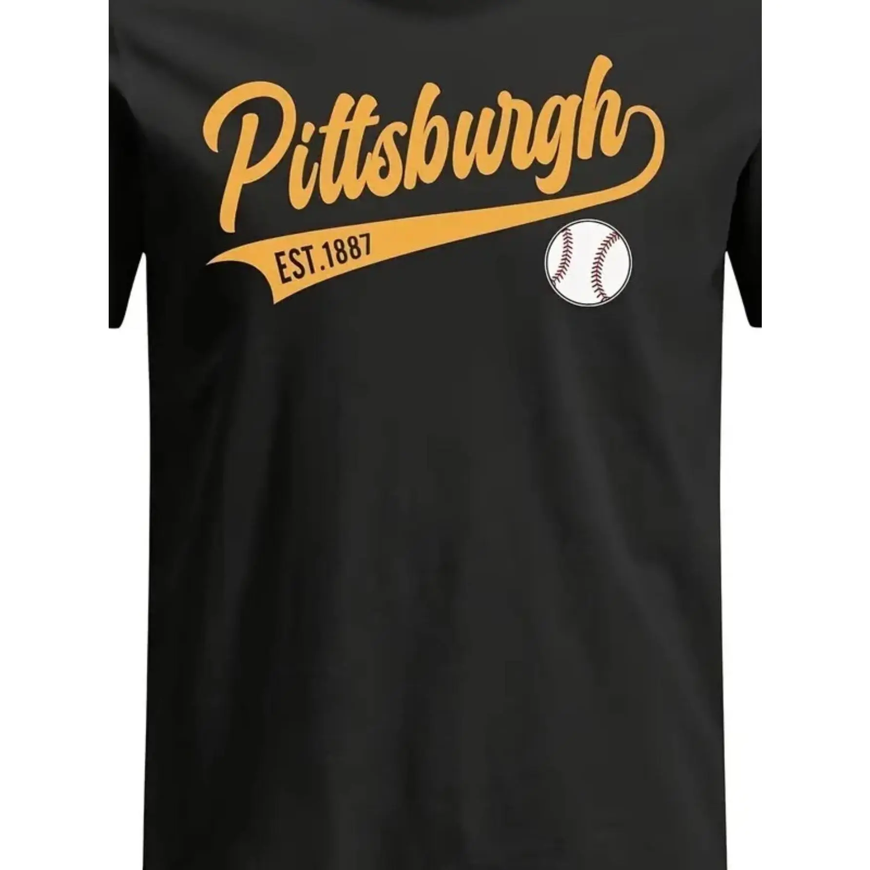 Men'S Pittsburgh Est. 1876 Vintage Baseball Graphic T-Shirt - Soft Heavyweight Relaxed Fit Tee with Black & Golden Team Colors, Short Sleeve Round Neck Casual Shirt for Casual Attire, Sports Events & Pirates Fan Apparel, Digital Print Design with Ba