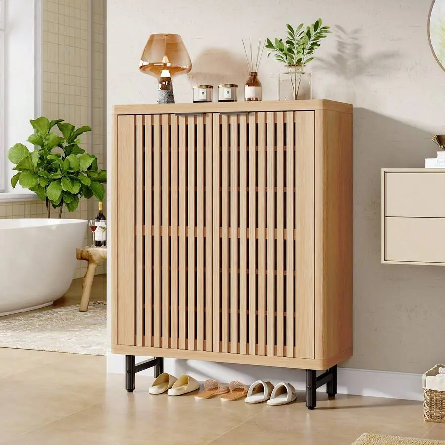 Light Brown 6-Tier Freestanding MDF Wood Bathroom Storage Cabinet - Single Indoor Unit, Sturdy Durable Cupboard with 2 Louvered Doors, Adjustable Shelves, Metal Legs, Pastoral Look, 33.46" w x 13.78" d x 43.31"