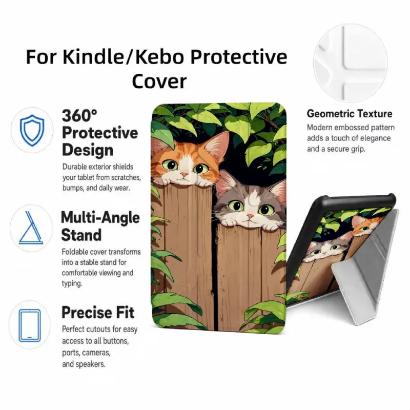 For Kindle/Kobo/Tolino Case, with stand Cats Peeking Through Wood for New Kindle 11Th 2019, for Kindle 11th Generation Case for Kindle 11Th (2022/2024), 6-Inch, 7-Inch Kindle Paperwhite 12Th Generation 2024 Vision Color (2024) /Vision 6 (2021）/Shine Color