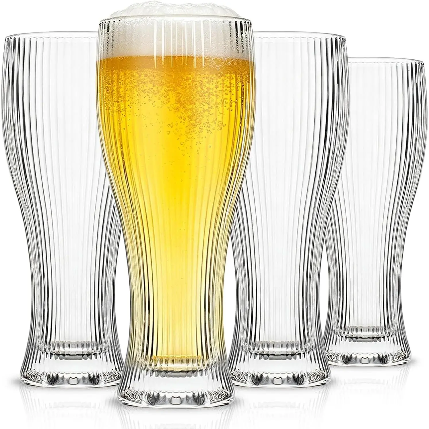 INSETLAN 15 oz Pilsner Beer Glasses Set of 4, Classic Tall Clear Beer Glasses for IPA, Pilsner & Craft Beer, Vertical Stripe Drinking Glasses for Home & Pub Use, Freezer & Dishwasher Safe