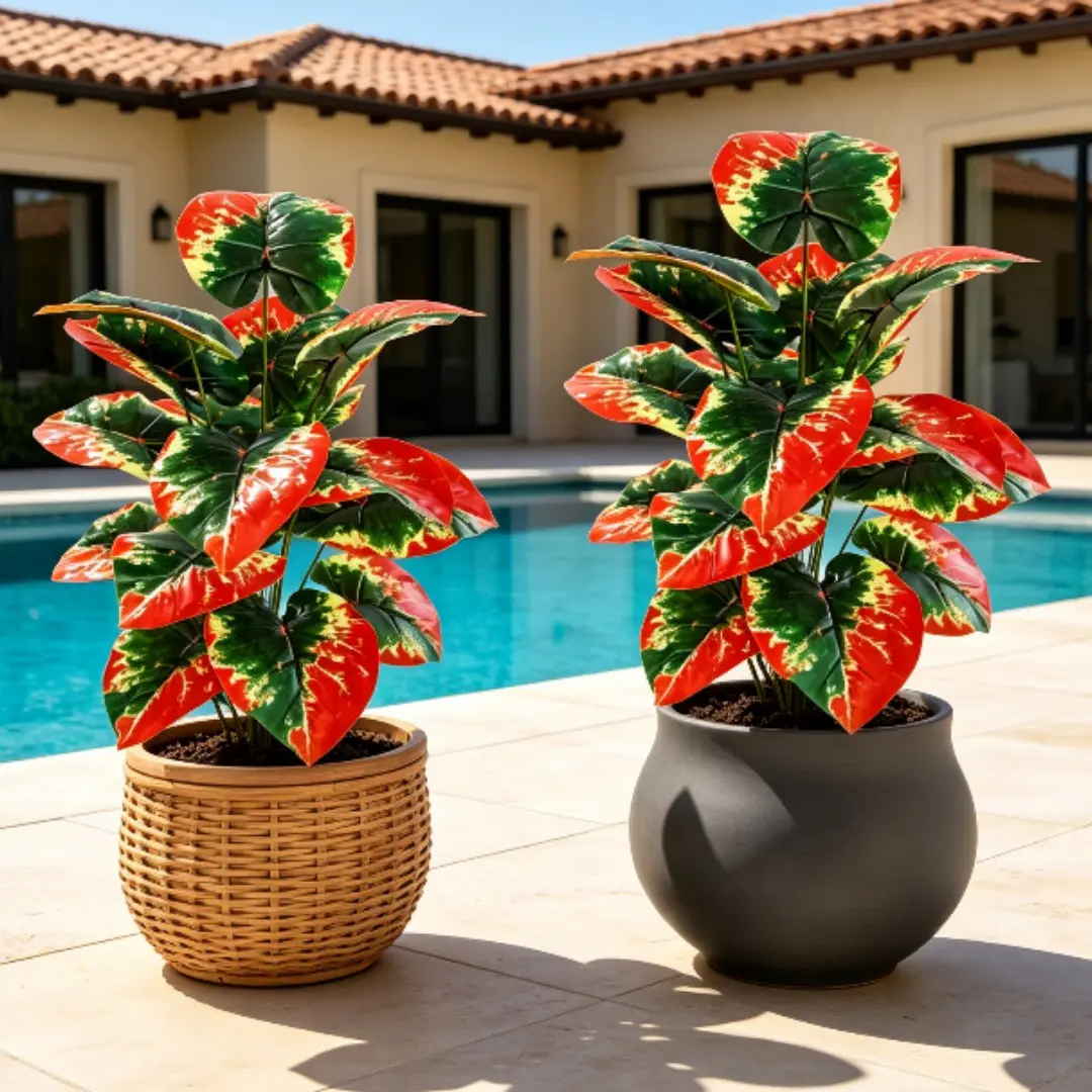 2-Pack Caladium Bicolor Tropical Large High-Quality Artificial Greenery Set, Red Green Caladium Palm Plants for Home Office Decor, Low Maintenance, All Seasons