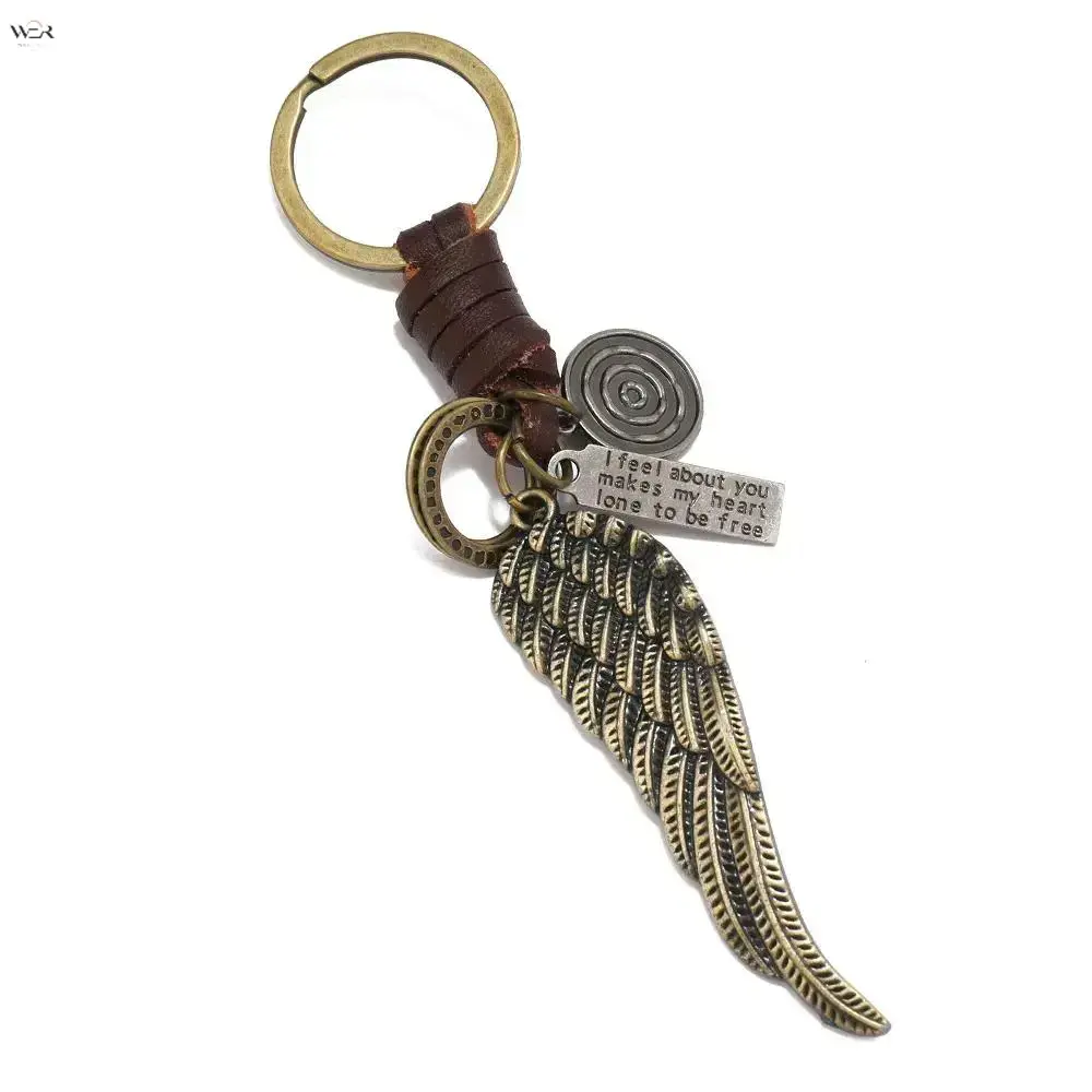 Vintage Angel Wing Keychain, Retro Leather Metal Wing Pendant Key Ring, Inspirational Quote Tag Key Accessory, 2 Colors Black Brown Optional