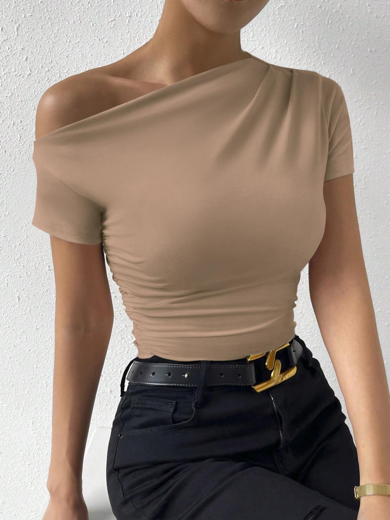 Women's Plain Ruched Asymmetrical Neck Tee, Casual Basic Short Sleeve T-shirt for Summer, Ladies Clothes for Daily Wear, Womenswear Tops