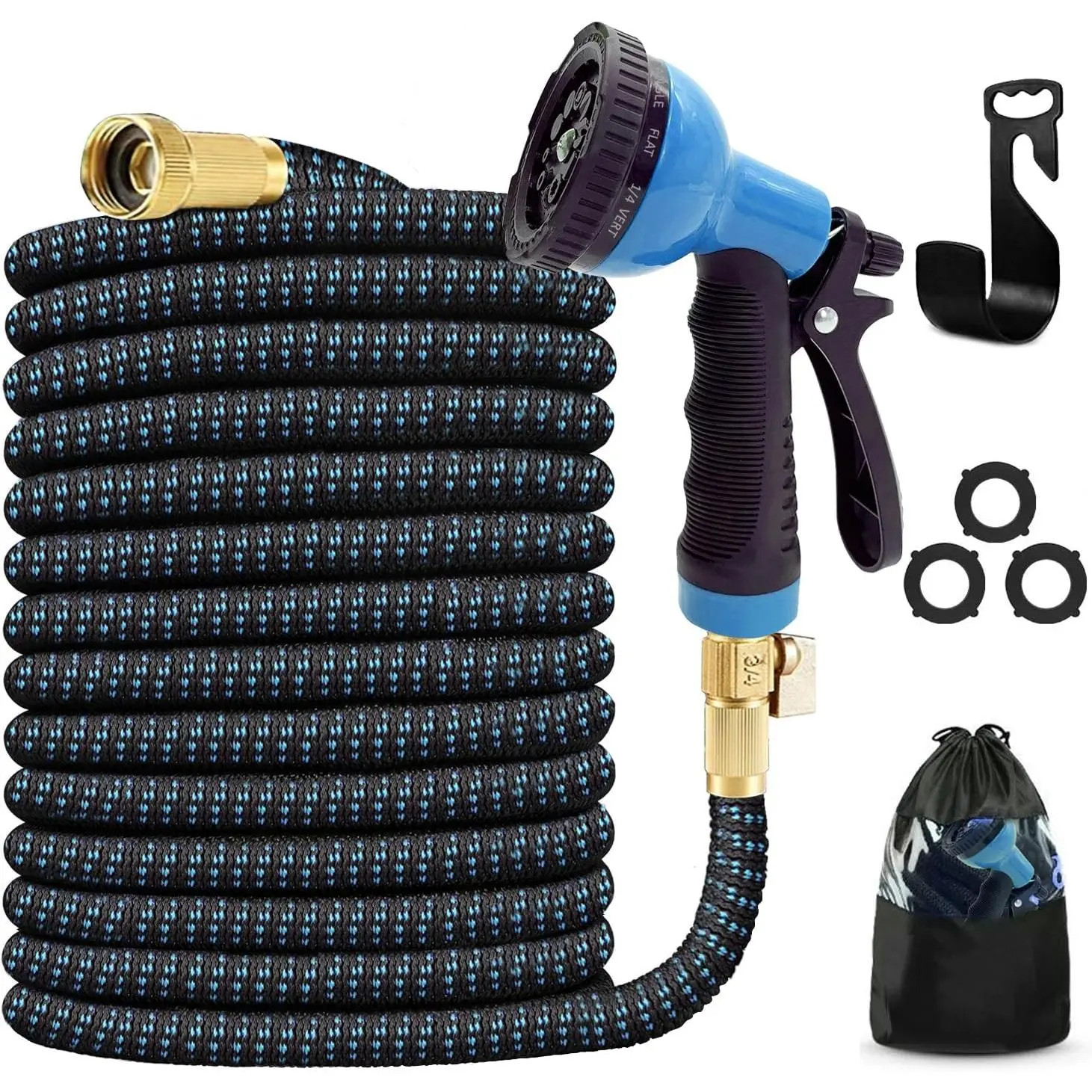 75ft Expandable Garden Hose with Holder - Heavy Duty Superior Strength 3750D - 4 -Layer Latex Core - Extra Strong Brass Connectors and 10 Spray Nozzle w/Storage Bag (Blue 75)