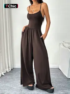 Women's Casual Feminine Sexy Spaghetti Strap Backless Sleeveless Slim Fit Jumpsuit, Wide Leg One-Piece, New Style, Fashionable and Comfortable, Backless Fitted Jumpsuit