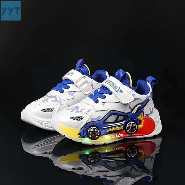 YYT1  New Cartoon Car LED Light-Up Kids Shoes, Non-PVC Sole, All-Season Athletic Casual Shoes Boys and Girls Ages 1-6, Christmas Gift