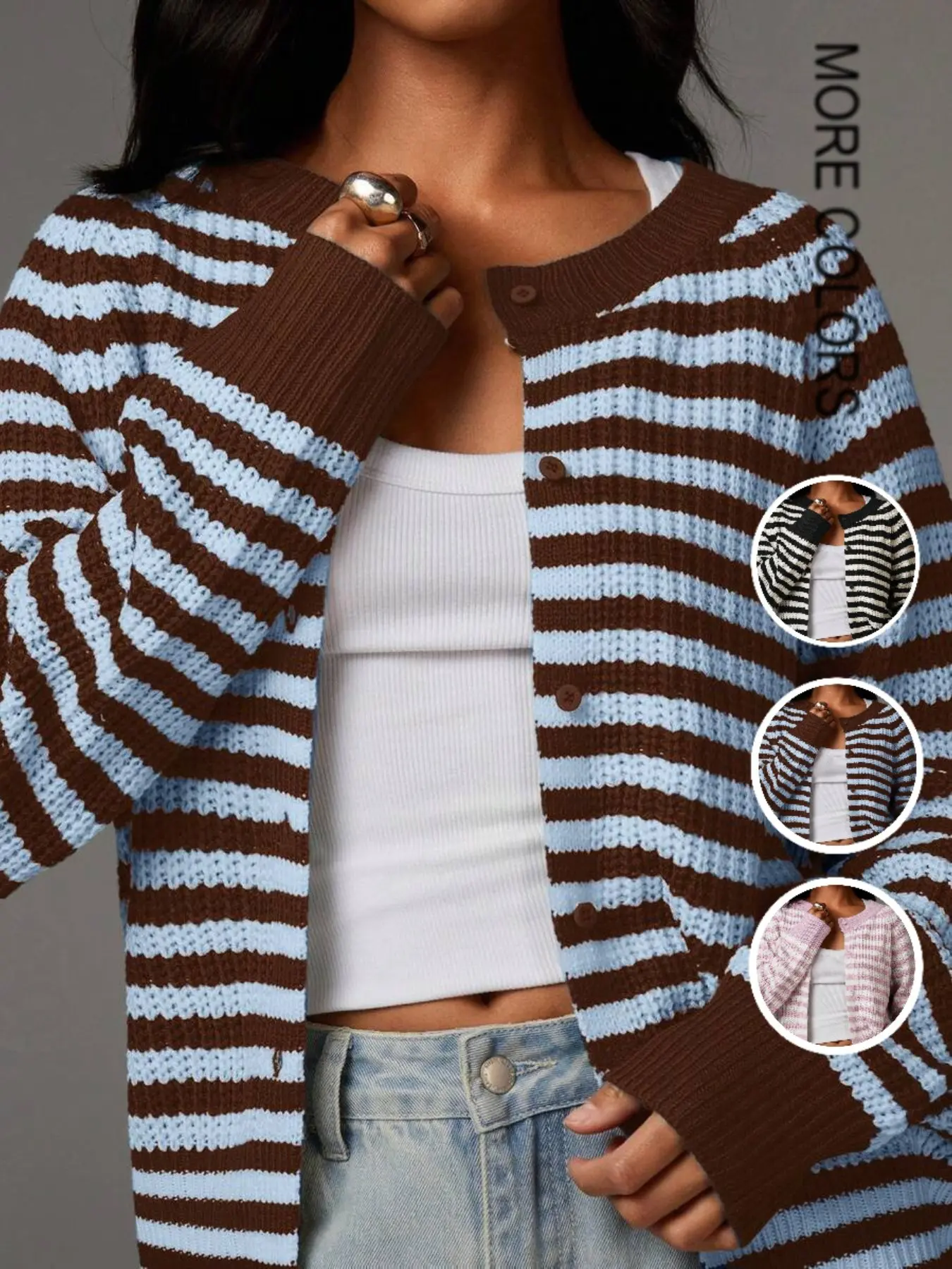 Unique Colorblock Striped Long Sleeve Knit Sweater for Women, Fall Winter New Arrival, Slim Fit Comfortable Knit Cardigan, Round Neck Loose Design