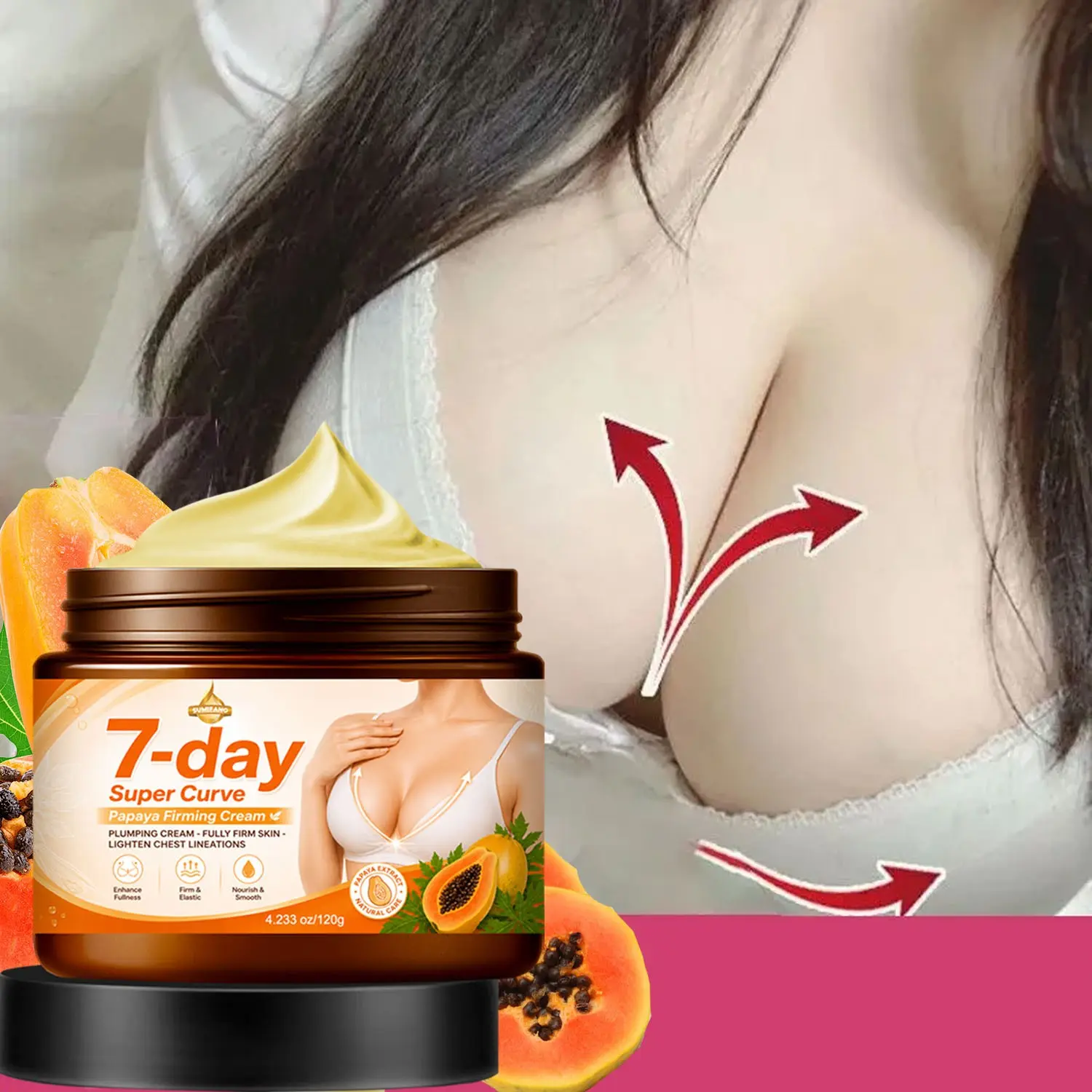 7-Day Super Curve Papaya Cream, Firming and Elastic Body Lotion, Shapes Curves, Firms and Elasticizes, Deeply Nourishes, Body Care Firming Cream.