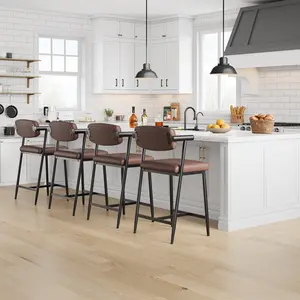 OUTGOODS Modern PU Leather Bar Stools with Armrests & Backrest – Upholstered Counter Height Dining Chairs – Metal Frame & Footrest – Comfortable Seating for Kitchen Island, Home Bar