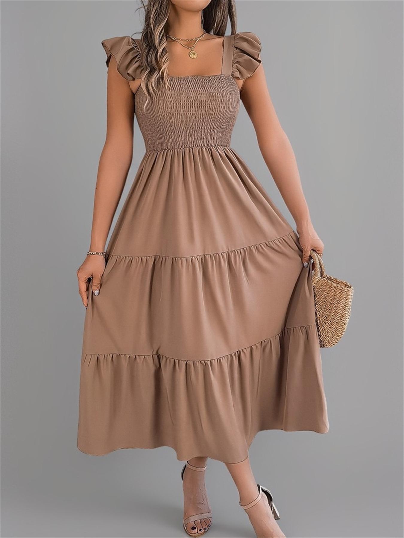 Women's Plain Shirred Dress, Casual Sleeveless Square Neck Dress for Summer, Ladies Clothes for Beach Holiday