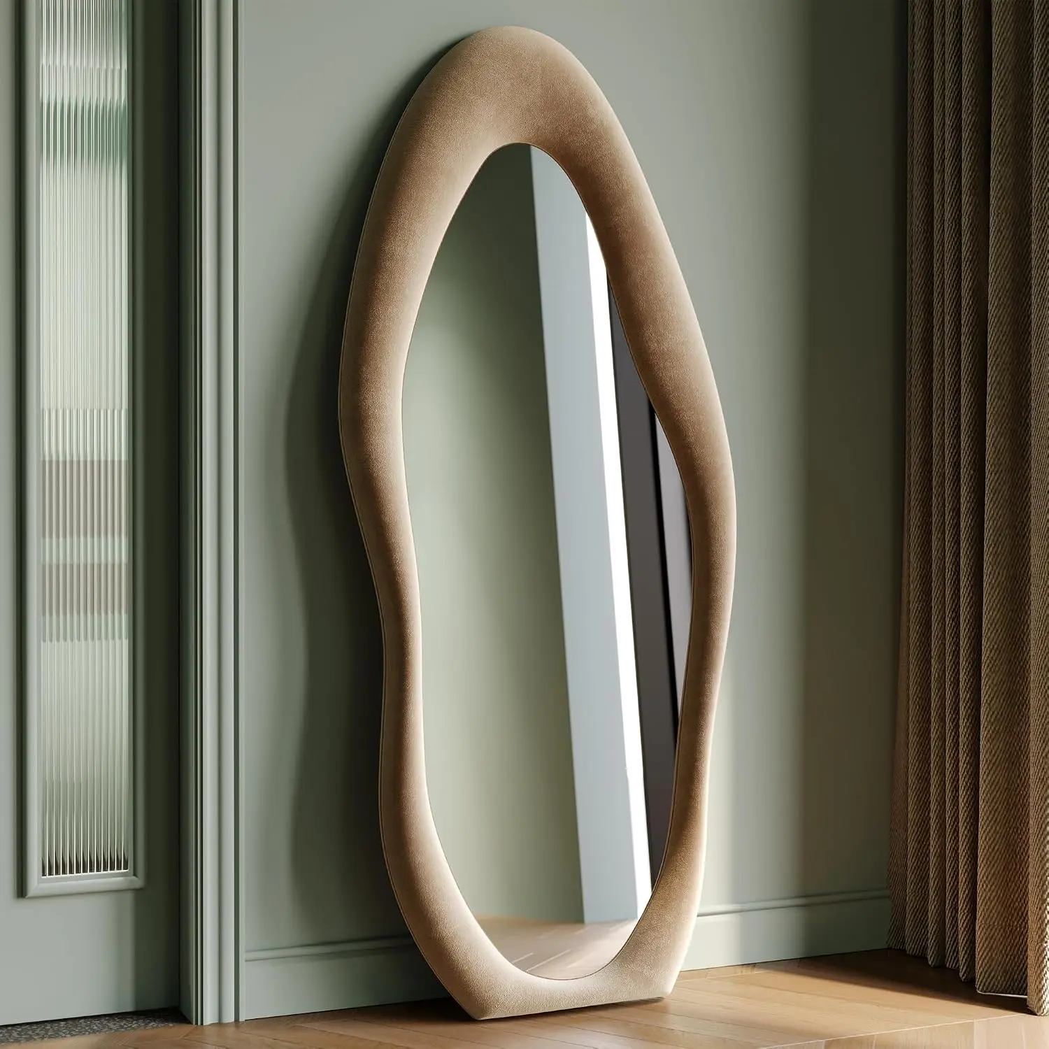 Full Length Mirror, 63" x 24" Wall Mirror, Flannel Wrapped Wooden Frame Floor Mirror, Irregular Wavy Mirror  or Leaning Against Wall for Cloakroom/Bedroom/Living Room, Milk