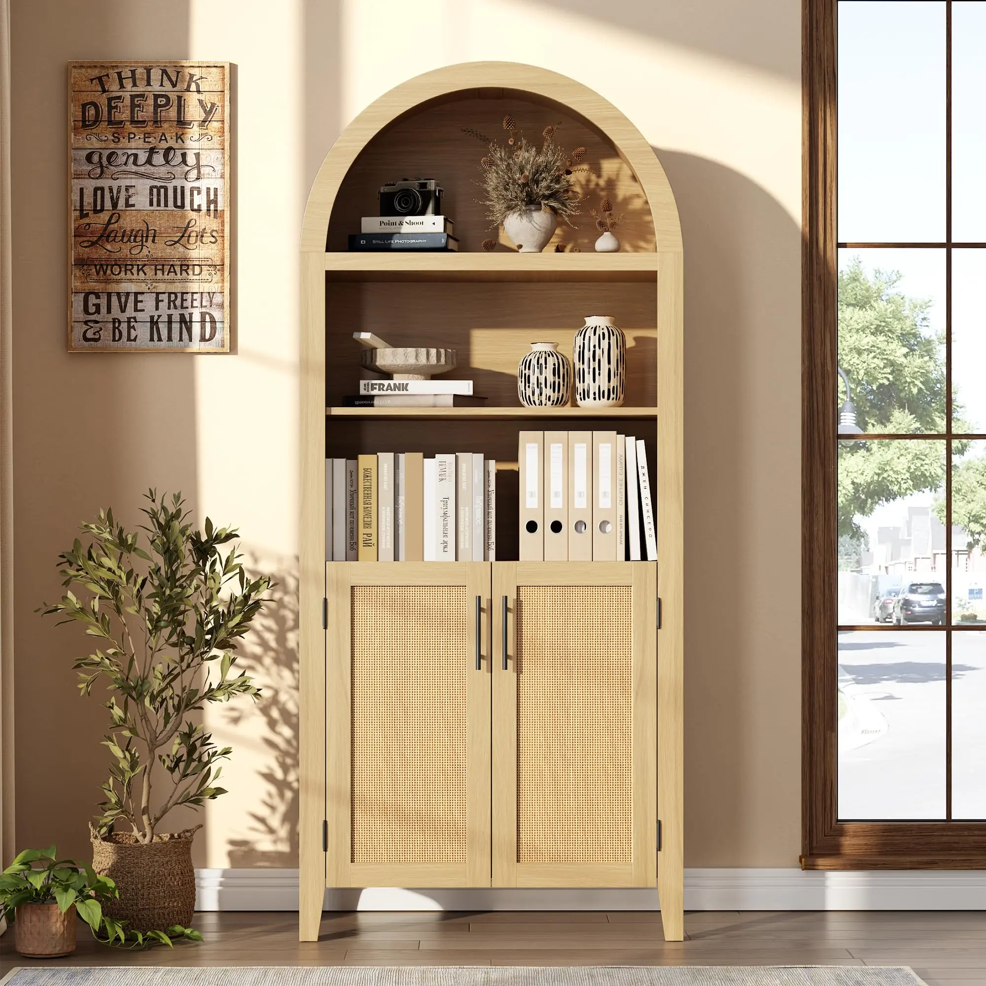 Modern Farmhouse Arched 5-Tier Bookcase with Doors - Open Display Shelves, Adjustable Shelf, Rattan Accent Storage Cabinet for Home Office, Living Room, Kitchen