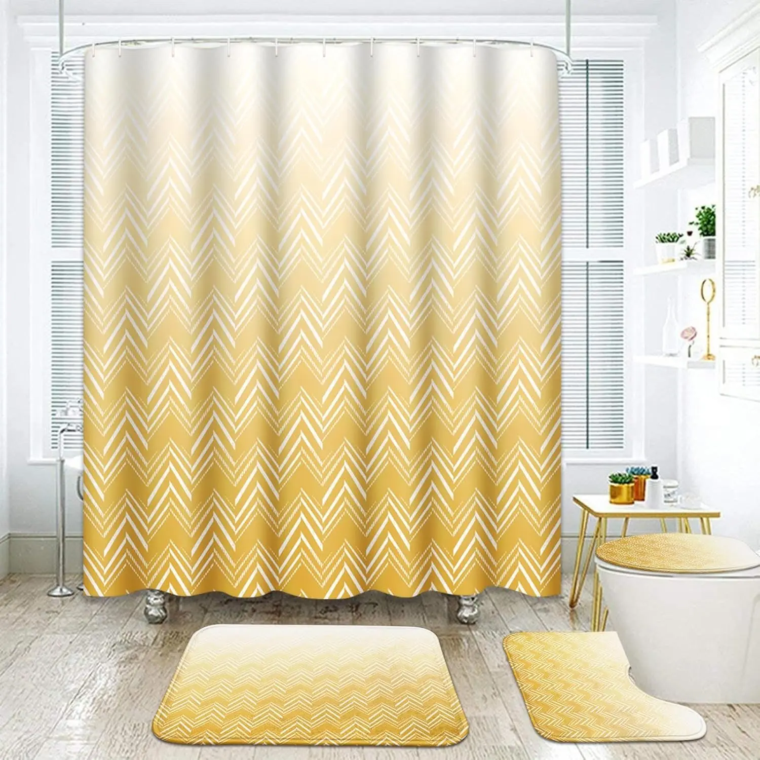 4-Piece Yellow Ombre Bath Set - Velvet Shower Curtain with Cover, Water-Proof Rugs Accessories, Monochrome Gradient Grain Striped Chevron Pattern Bathroom Decor