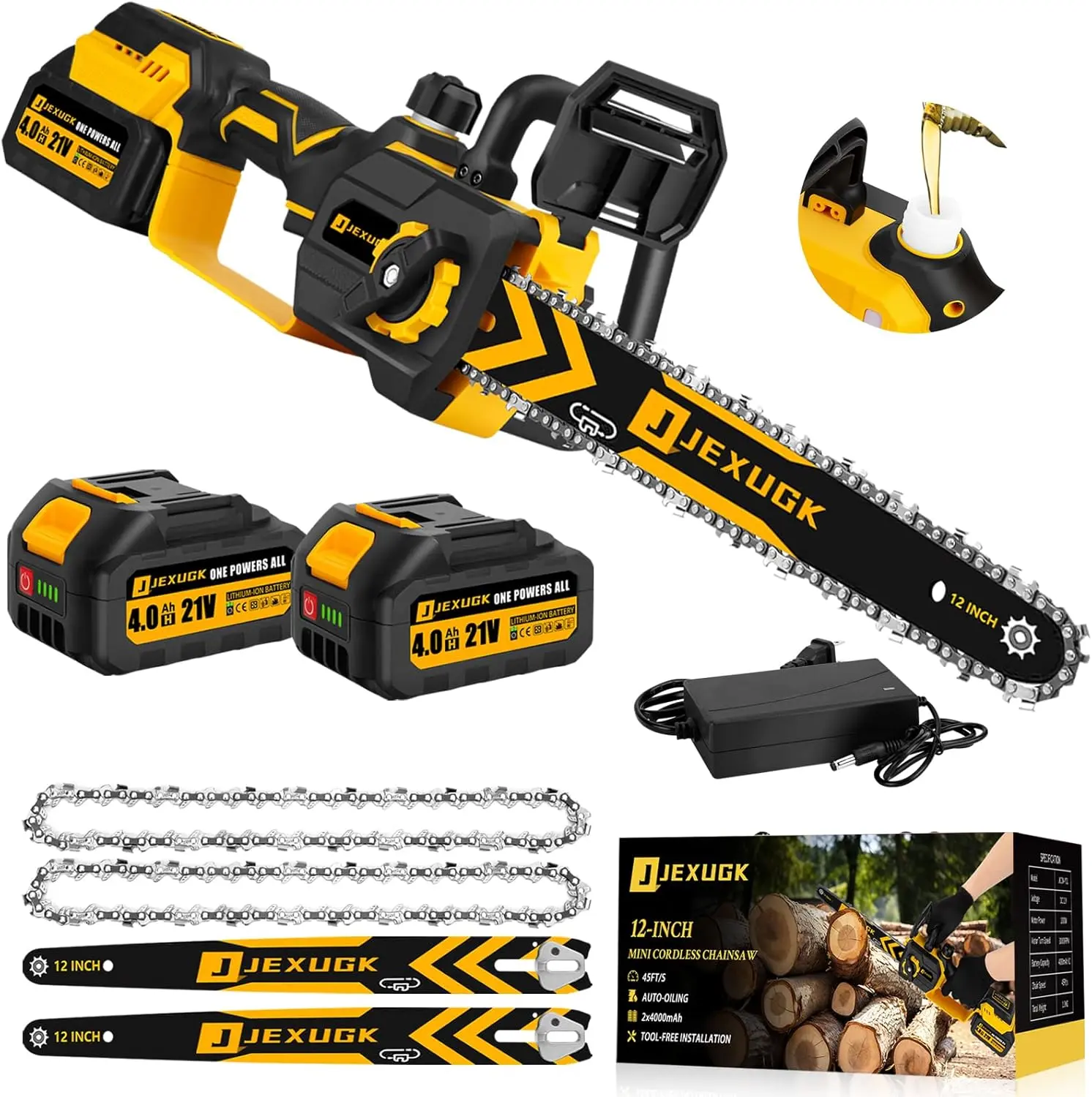 JEXUGK 12" Brushless Electric Chainsaw,21V Powerful Cordless Chainsaw with 2 x 4.0Ah Battery ,Handheld Electric Power Chain Saw with 2 x Chains & Guide Plate,Eléctrica Rechargeable Saw for Wood Cutting Trimming Branch