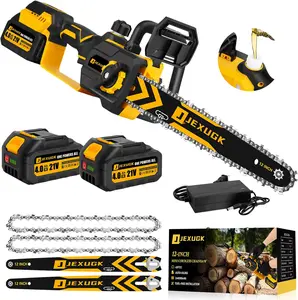 JEXUGK 12" Brushless Electric Chainsaw,21V Powerful Cordless Chainsaw with 2 x 4.0Ah Battery ,Handheld Electric Power Chain Saw with 2 x Chains & Guide Plate,Eléctrica Rechargeable Saw for Wood Cutting Trimming Branch