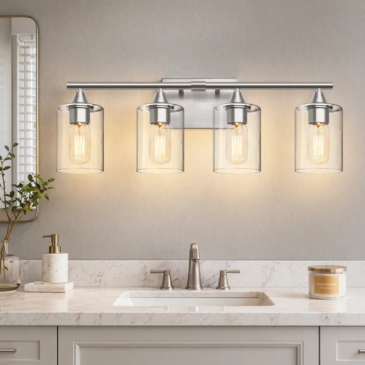 Brushed Nickel 4-Light Bathroom Vanity Wall Light, 23.38x4.33x7.28in Metal Frame Wall Sconce with Cylindrical Glass Shades, Reversible Up-Down Mount 4-Socket Base E26 Fixture, Transitional Grooming Aid for Bathroom, Bedroom