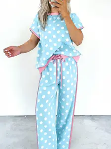 Summer Casual Polka Dot Round Neck Short Sleeve Top & Long Pants Set, Comfortable Two-Piece for Daily Wear, Stylish Summer Fashion