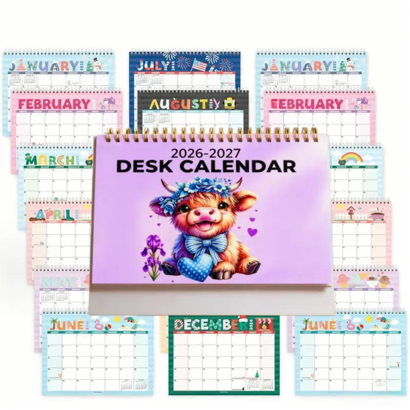 Soft Cute Heart Iris Highland Calf Desktop Calendar 2026 to 2027 18-Month Long-Term Planner Spiral Flip Desk Calendar Cute Pet Lover Creative Gift Aesthetic Office Supplies
