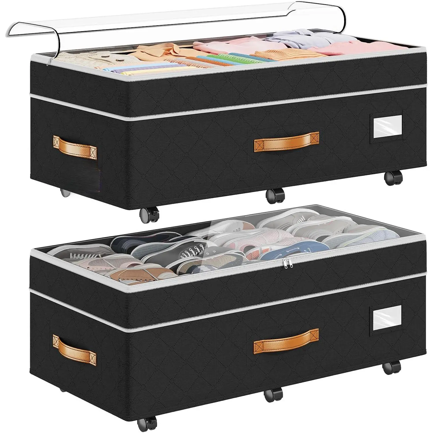 Under Bed Storage with Wheels 2Pack, 80L Height Adjustable Underbed Containers with Clear Lids, Rolling Under Bed Shoe Storage Organizer for Dorm Home Clothes, Blankets, Toys, Black room