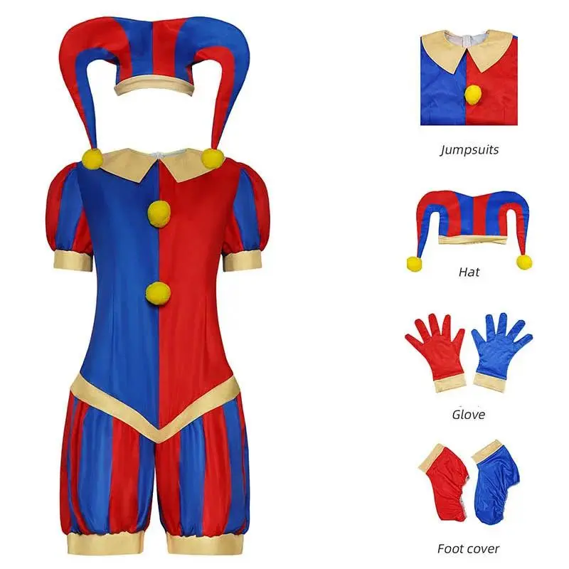 Pomni Circus Jester Cosplay Costume for Kids and Adults, 4-Piece Halloween Carnival Outfit with Hat, Gloves, and Footwear, Costume Only