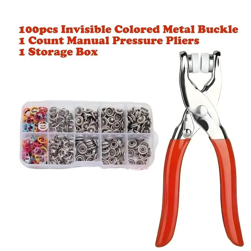 Including 100pcs Invisible Colored Metal Buckle & 1 Count Manual Pressure Pliers,Household Sewing Accessories for DIY Handicraft Clothing & Hat,Buttons & Pliers Tool Kit,Seamless Stitching Sewing Kit Tools,Sewing Supplies Crafts.