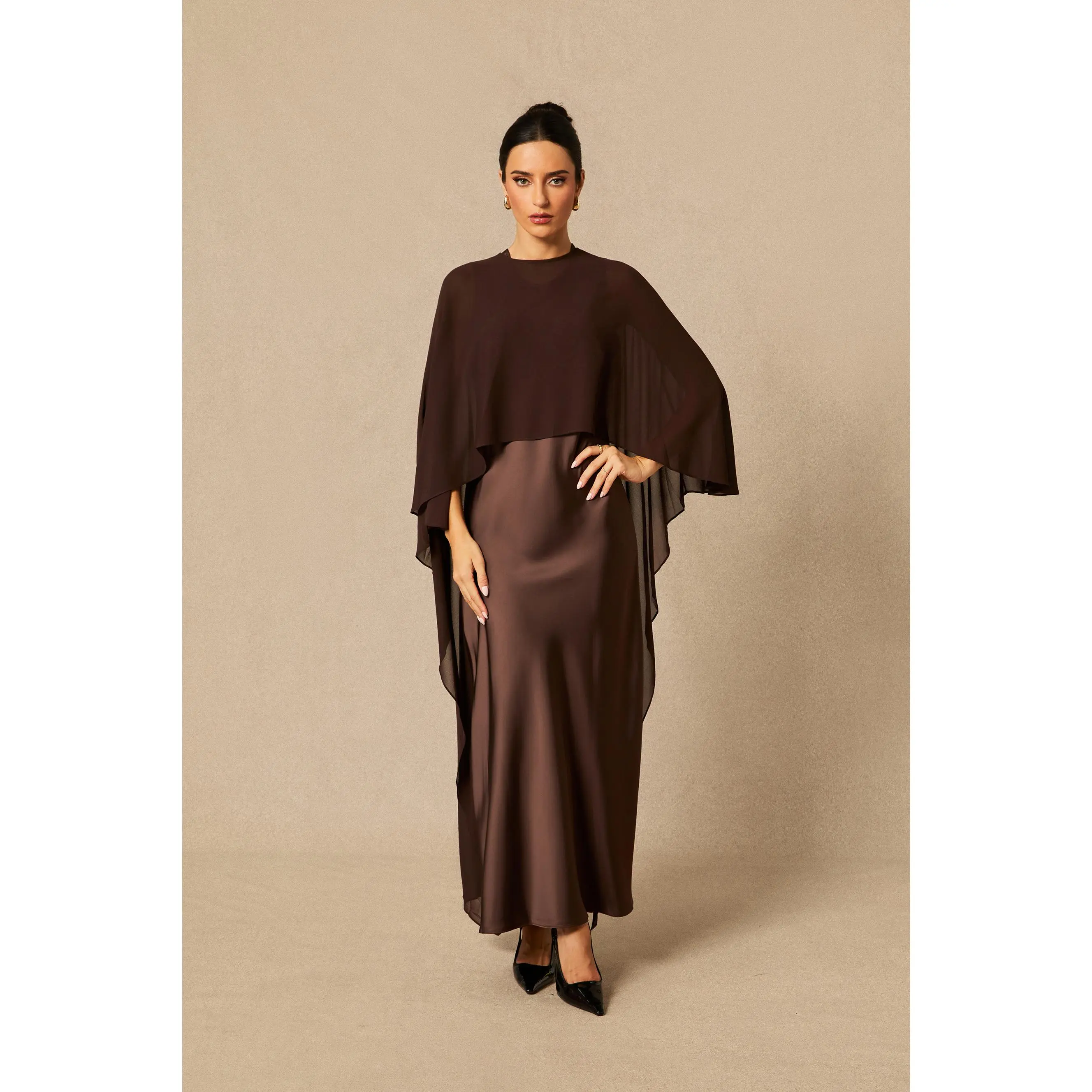 Sunfere Crew Neck Sleeveless Maxi Dress with Cape - Satin Draped Overlay Elegant Modest, Formal Wedding Evening Reception