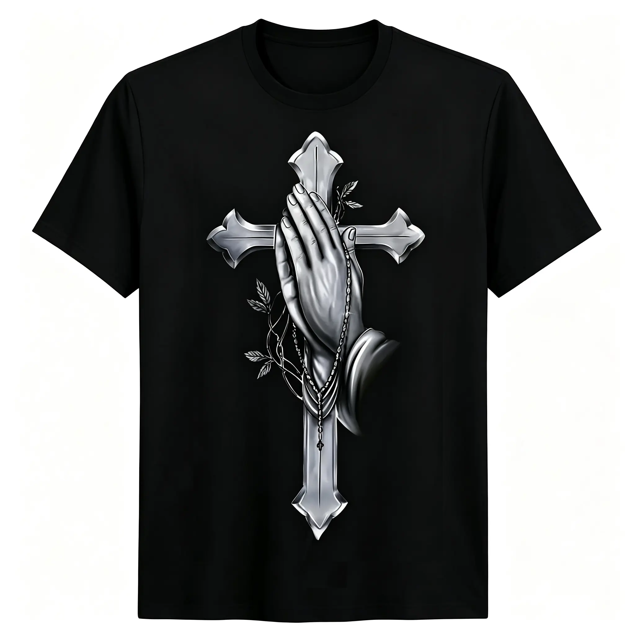 Praying Hands & Cross Geometric Design Unisex T-Shirt for Men & Women - Black White Religious Casual, Soft Cotton Crew Neck Short Sleeve, Comfortable All-Season Tee, Perfect for Halloween Christmas Thanksgiving & Birthday Style, Machine Washable