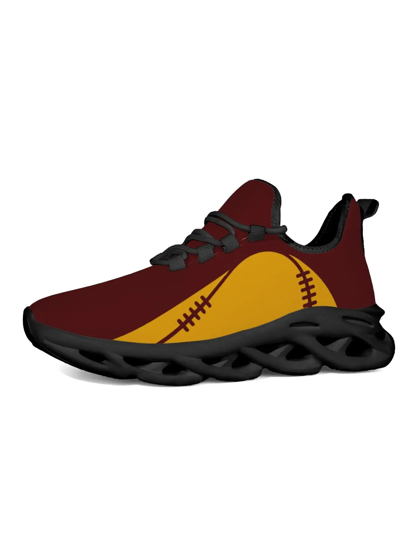 American Football Graphic Print Mesh Running Shoes for Men Women, Burgundy Gold Rugby Ball Pattern Lightweight Hollow Wave Sole Sneakers, Breathable Lace Up Casual Walking Trainers, Sports Fan Street Non Slip Footwear