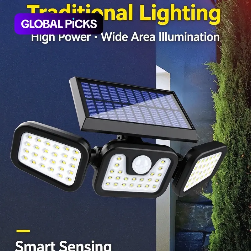 Solar-Powered Outdoor Wall Light, 3-Head Rotating Waterproof Motion-Sensor Light with 74 LEDs for Courtyard and Yard Use, Solar Lights For Outside, Outdoor Garden Lights #GLOBAL PICKS