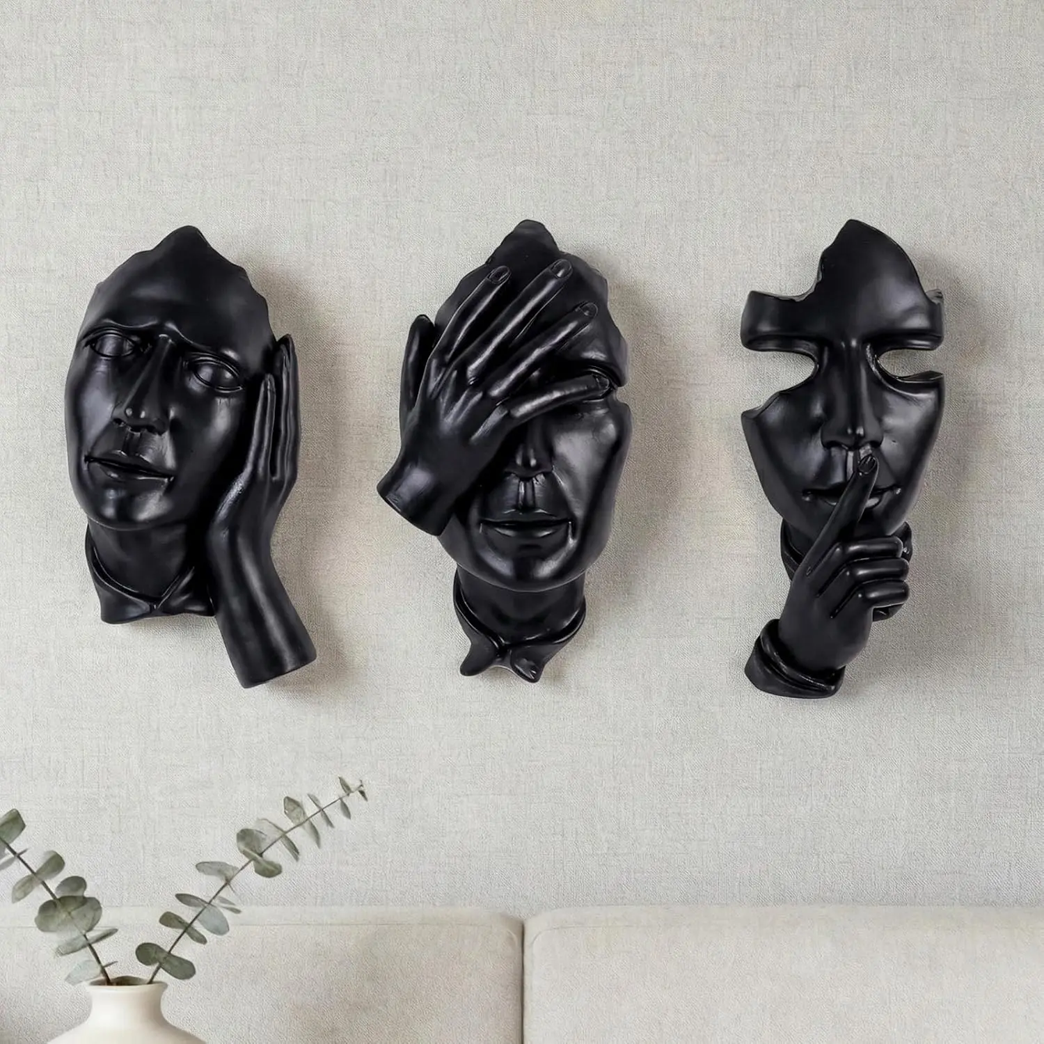 Orenm 3-Piece Lightweight Minimalist Abstract Face Wall Sculptures, Resin Surface Modern Art Wall Decor for Men’s Bedroom, Living Room (Black) with Hear/See/Speak Design, Room Accessories