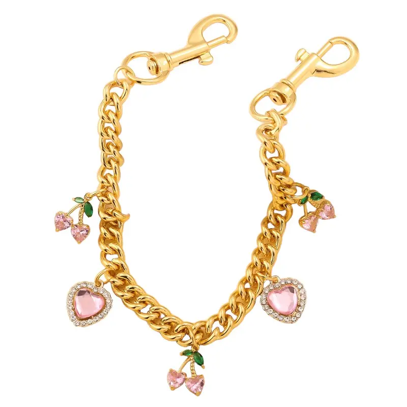 Bag Charm Accessory Viral Aesthetic Ornament Pink Crystal Heart Cherry Keychain Gold Chain Pendant Multi-purpose Hanging Decor Cute Key Holder For Handbag Backpack Car Rearview Mirror Daily Outfit Decorations