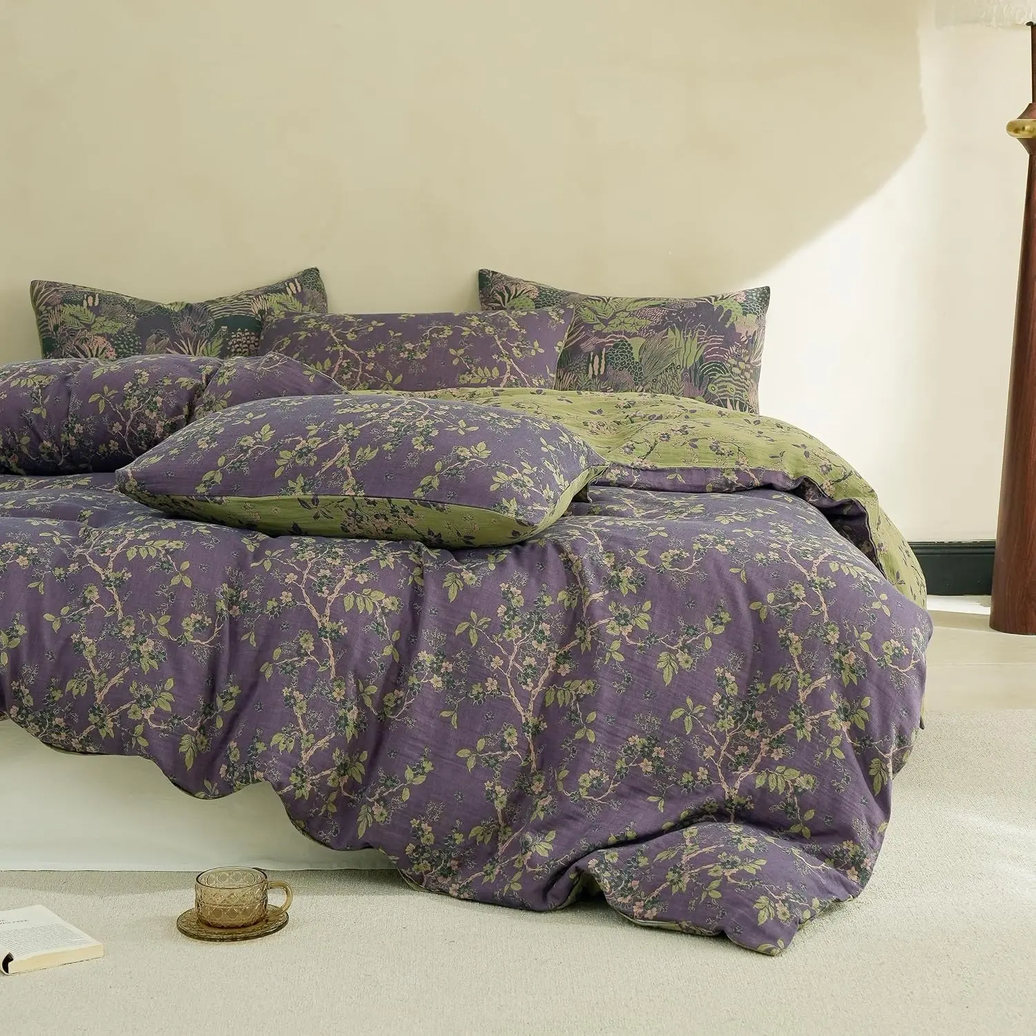 Simple&Muslin Duvet Cover Set Queen Size, 100% Washed Cotton 3 Pieces Yarn-Dyed Vintage Purple Floral Textured Bedding, Soft & Breathable Gauze Comforter Cover with Zipper Closure
