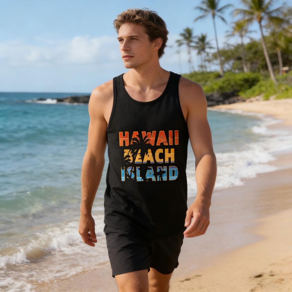Hawaiian Style Letter Graphic Tank Top Sleeveless Shirt | Gym Workout Casual Summer Menswear Tops, Fit Unisex Ideal Holiday Vacation Wear