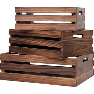 Crates For Storage,Decorative  Brown Wooden Crates For Display, Solid  Boxes,Set Of 3 Rustic Black Wooden Crate. ( brown)