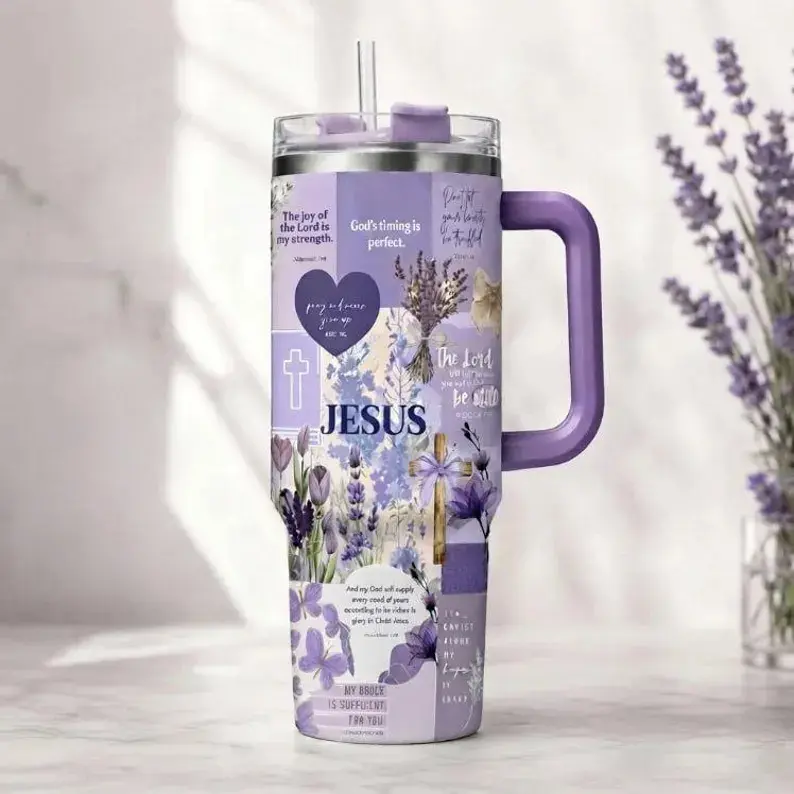 Christian Tumbler 40oz, Purple Lavender Scripture Stanley Cup, Bible Verse Daily Hydration Mug, Faith Floral Gift for Her, Religious Cup, Halloween gifts, Christmas gifts